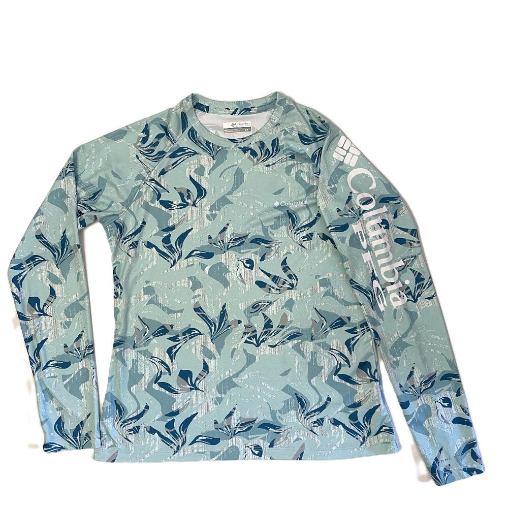 Columbia PFG Super Tidal Tee Shirt Small Blue/Green Top OmniWick OmniShade UPF50